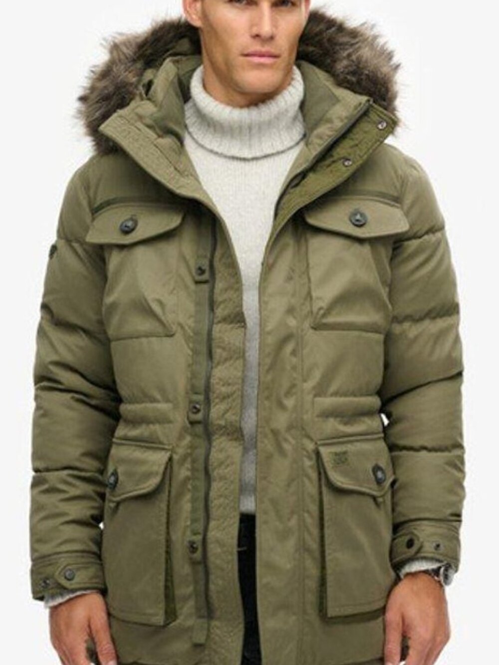 Superdry Men’s Gray Chinook Faux Fur Parka Coat Size Medium